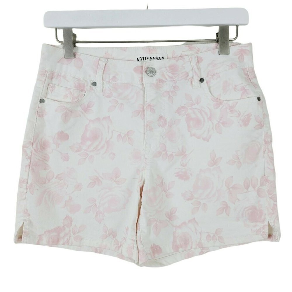 Artisan NY Women's Shorts Sz 6 White Soft Pink Roses Twill Feminine Casual EUC